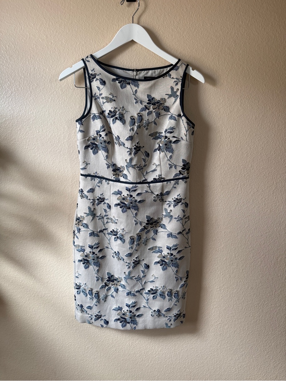 Ann Taylor Cream Midi Dress with Navy Floral Jacquard
